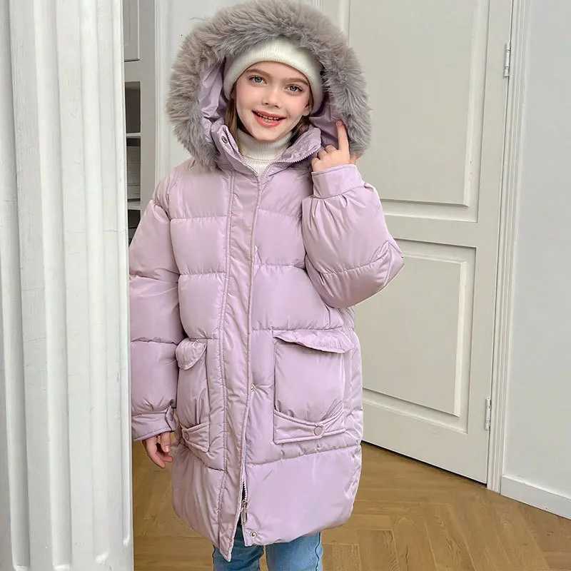 2025 Winter Girls Big Fur Collar Down Cotton Jacket Teen Kid MidLength Thick Warm Windproof Hooded Parka Coat Children SnowwearT251016