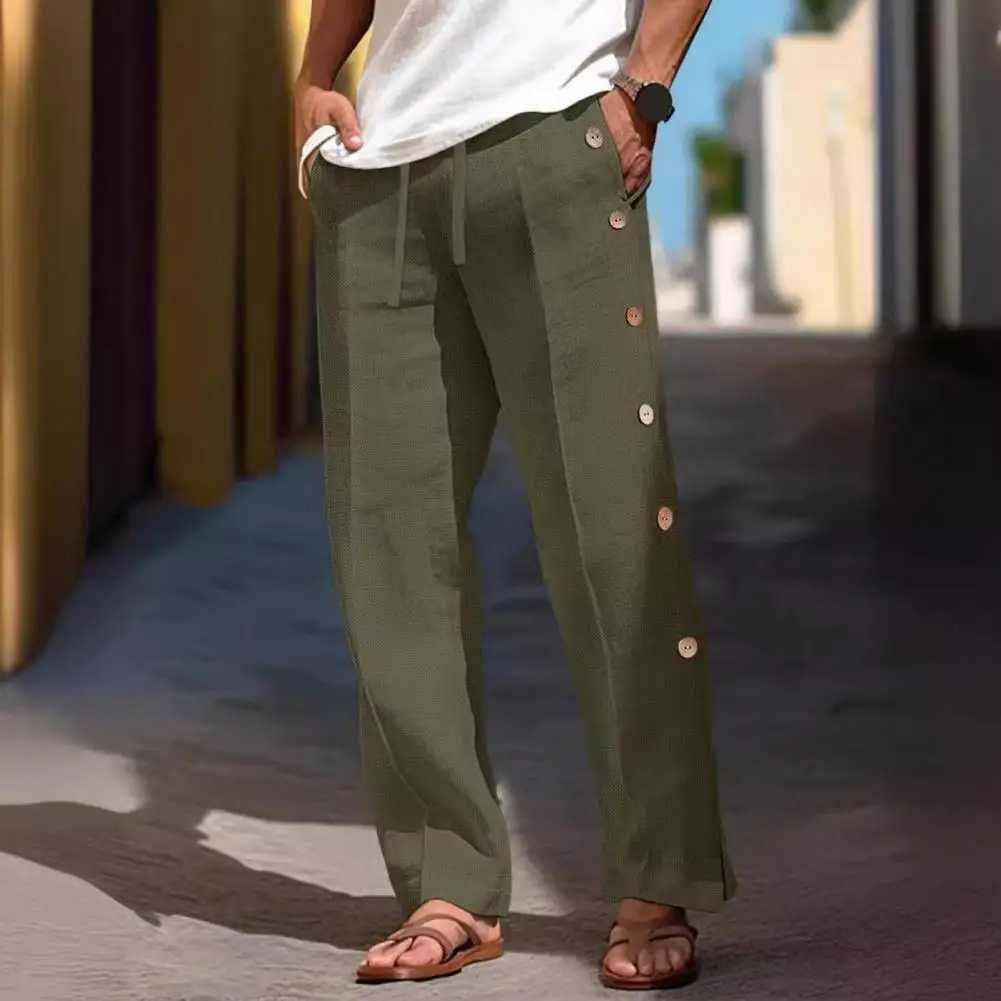 Men Casual Pants Loose Side Pockets Drawstring Elastic Waist Side Button Closure Quickdrying Beach Sweatpants Long Trousers J251203