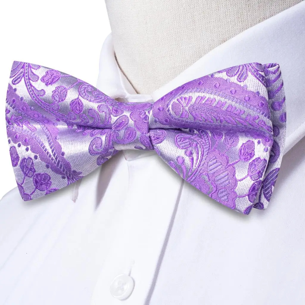 Purple Lilac Lavender Pansy Violet Silk Mens Bow Tie Hanky Cuffs Set Pretied Butterfly Knot Bowtie for Male Wedding Business 251015