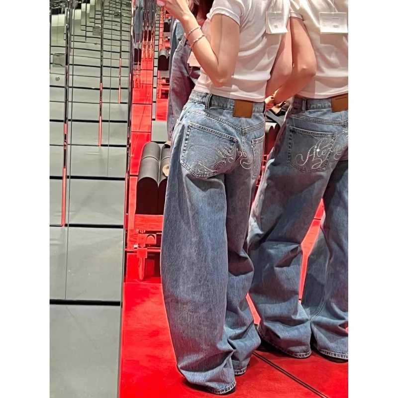 Women Jeans Spliced Straight Pants Jean Denim Washed Full Length Pants Loose Pockets High Waist Zipper Fly Distressed Basics W251015