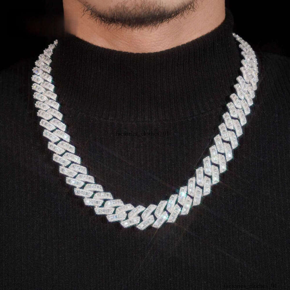 Hip Hop Fine Jewelry Heavy 18mm Sterling Sier Moissanite Baguette Iced Out Cuban Link Chain Necklaces
