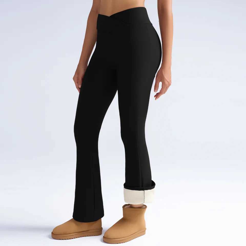 Women FallWinter VWaisted Fleece Keep Warm Tight Fitting Flared Pants Slim Leg Long Black LeggingsT251016