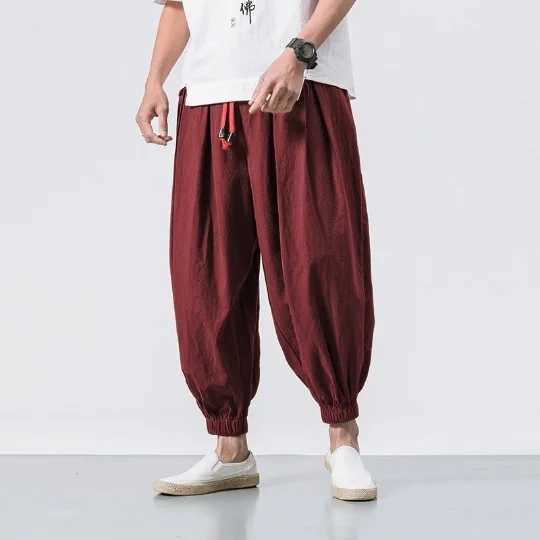 Cotton Linen Harem Pants Mens Solid Color Elastic Waist Street Wear Jogging Trousers2025 New Male Loose Casual Trousers J251203