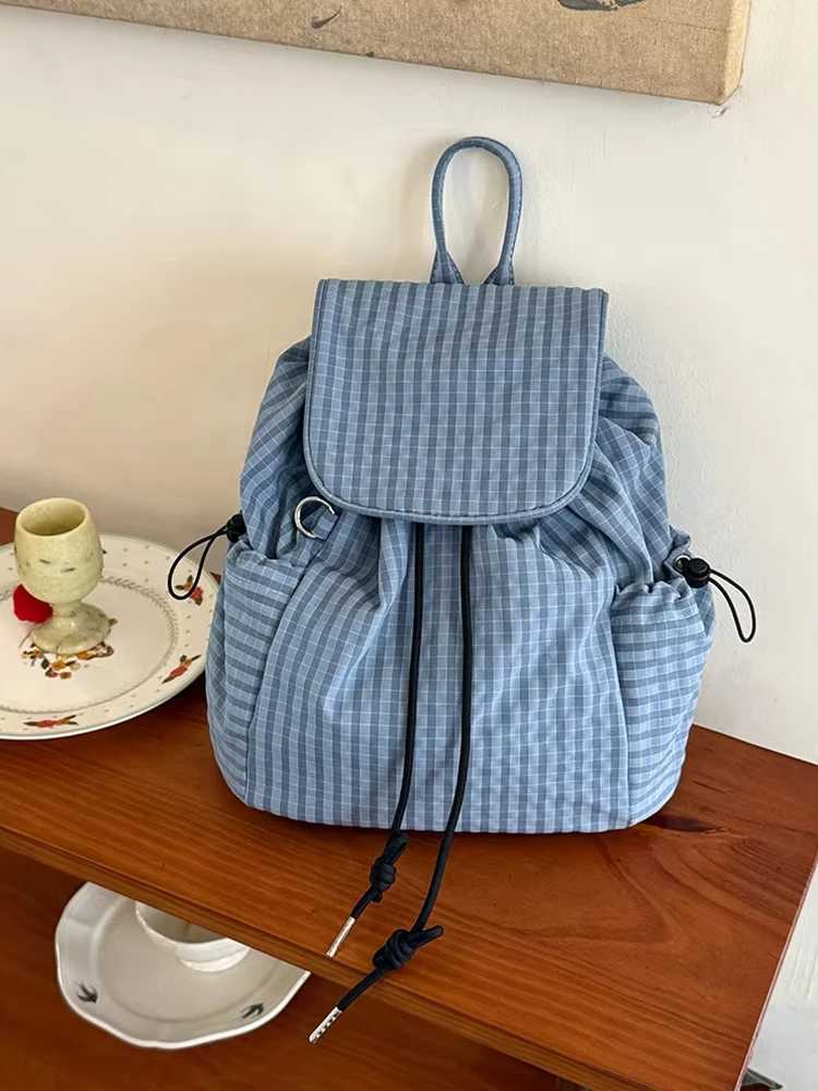 Korean Plaid Drawstring Large Capaci Student Commuter Versatile Nylon Bookbag Lightweight Casual Summer Buet BagT251016