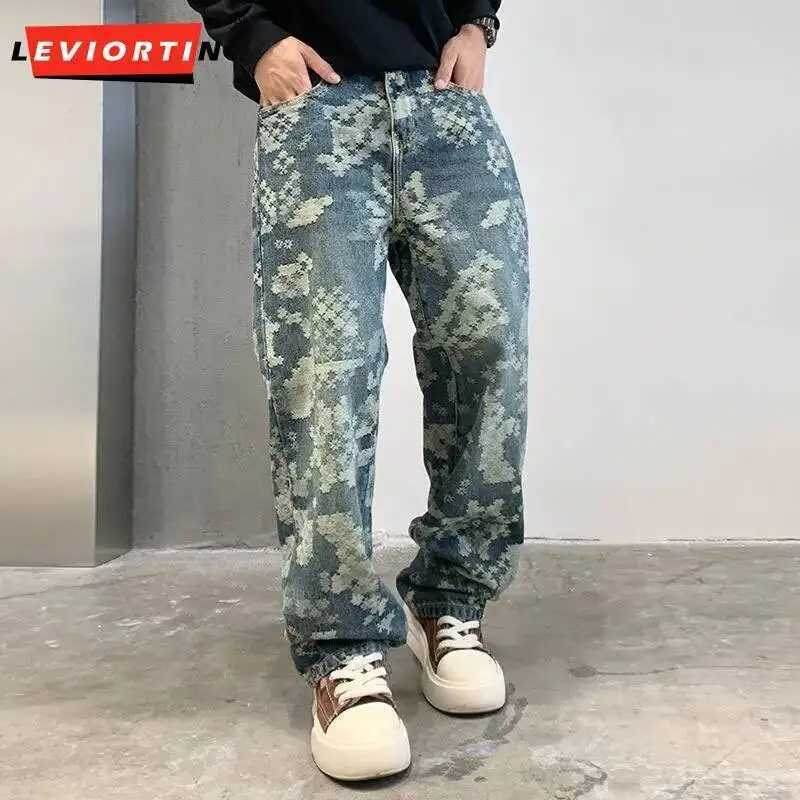 High Street Mens Loose Straight Tube Jeans Pants Autumn Hooligan Handsome Trousers Fashion Jacquard Trendy Casual Denim Pants J251203
