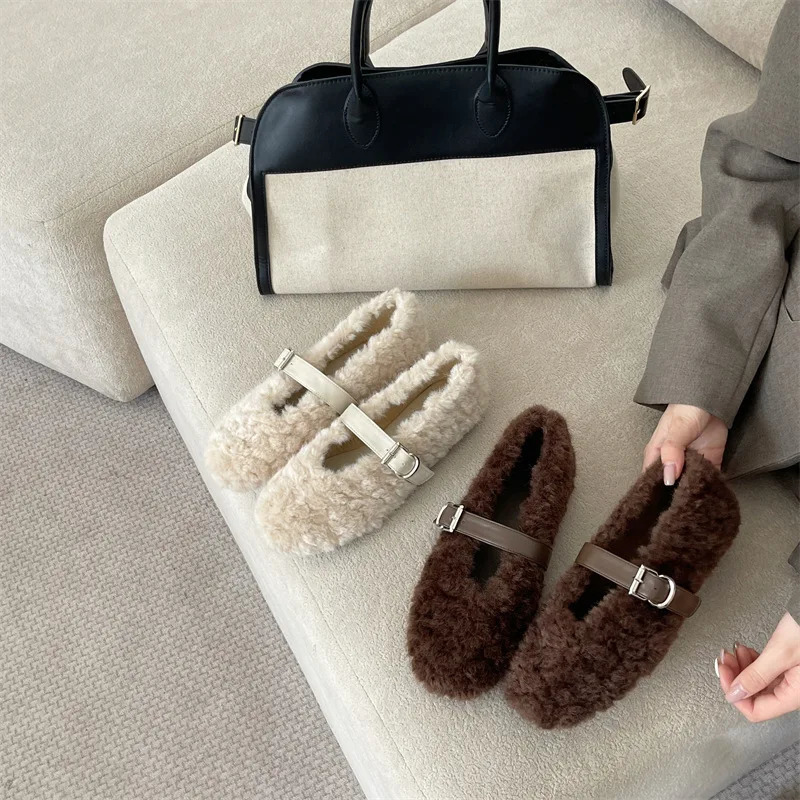 Autumn Winter Furry Warm Women Ballet Flats Fashion Fur Strap Buckle Mary Janes Soft Soles Walking Loafers Casual Dance Shoes 251013