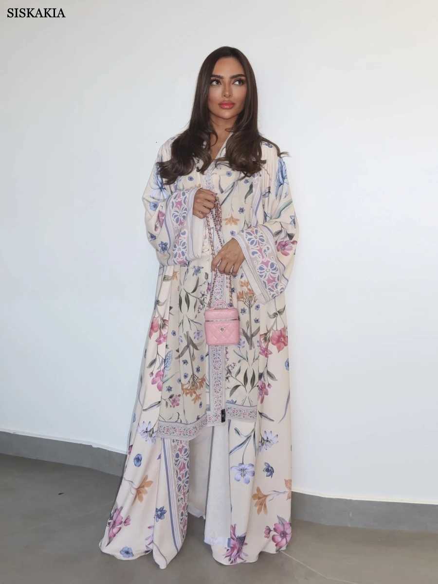 Siskakia New Dubai Elegant Floral Print open abaya Clothing Women Hijab included Stylish Loose Cardigan 2025 X251016