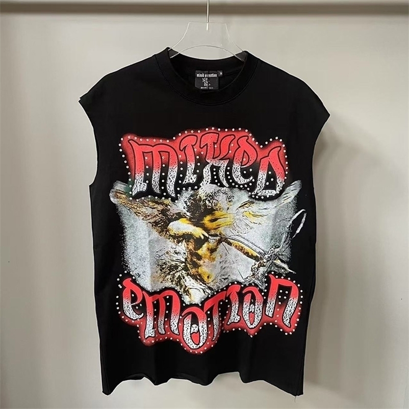 High Street Oversized Angel Tank Top Men Women Summer Classic Rhinestone MIXED EMOTION Vest Sleeveless TShirt 251015