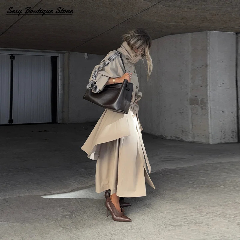 Autumn Winter Elegant High Neck Long Trench Coat For Women Pleated Hem Lace Up Jacket Windproof Overcoat 2025 Lady Outwear 251015