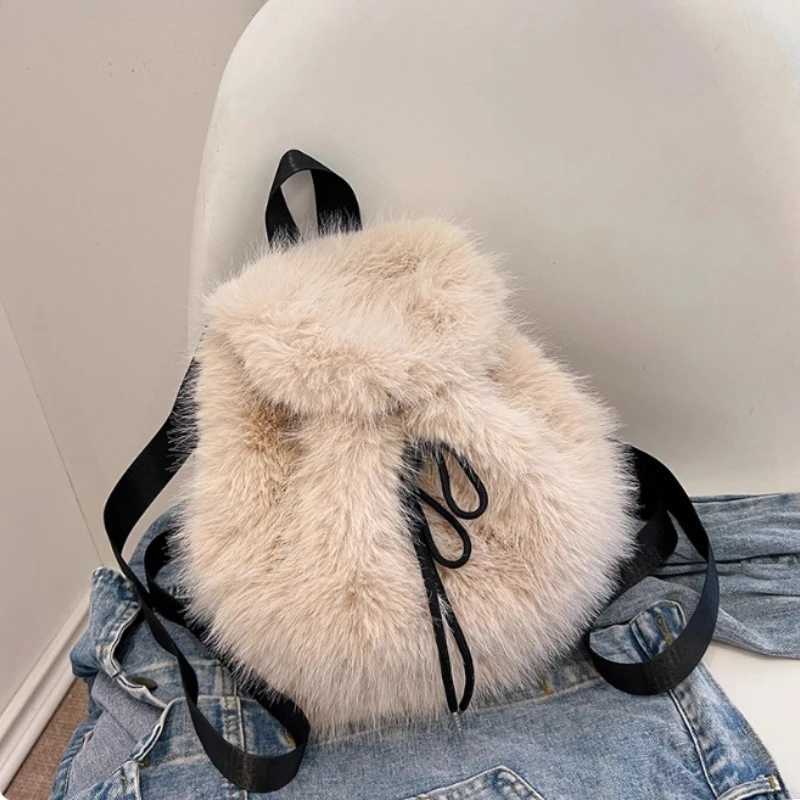 Womens Faux Fur Backpack Large Capacity Drawstring Flap Bag with Magnetic Closure Casual School Travel Bag BackpacksT251016