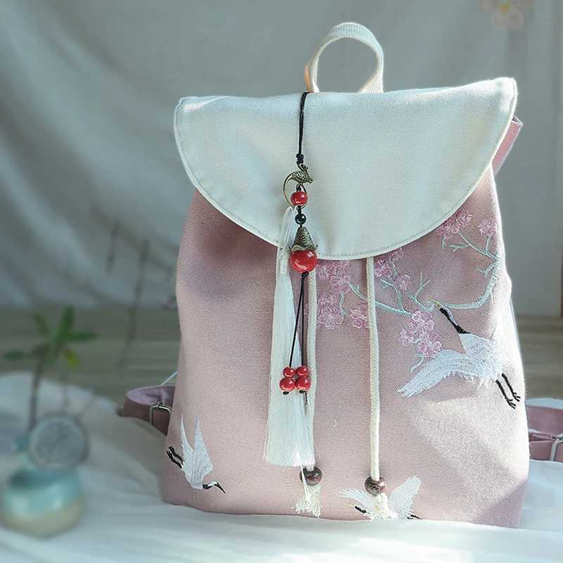 Tassel Pendant Chinese Style Embroidered Canvas Backpack Women Hanfu Rucksack Vintage Fashion Travel School Shoulder Bags GirlsT251016