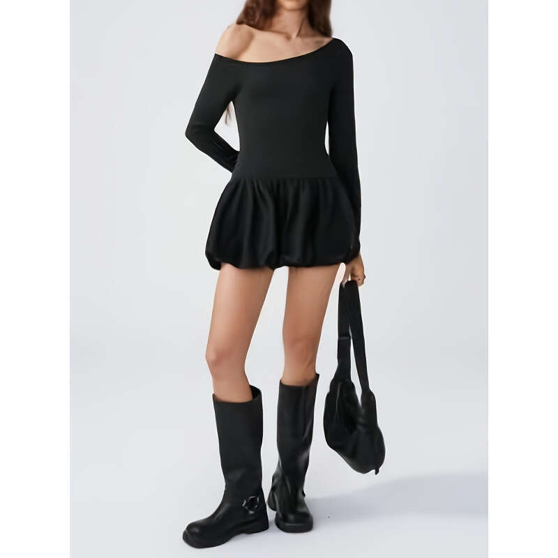 New Style Asymmetrical Long Sleeve Ruched Short Balloon Hem Slim Fit Dress 2025