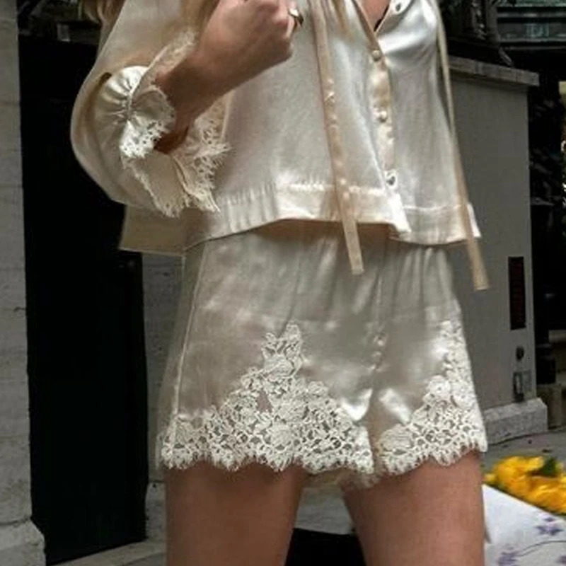 Satin Silk Lace Patchwork Shorts Women Vintage High Rise Lounge Knickers Comfy Soft Silky Pajamas Bottoms Elegant Sleep Shorts 251016