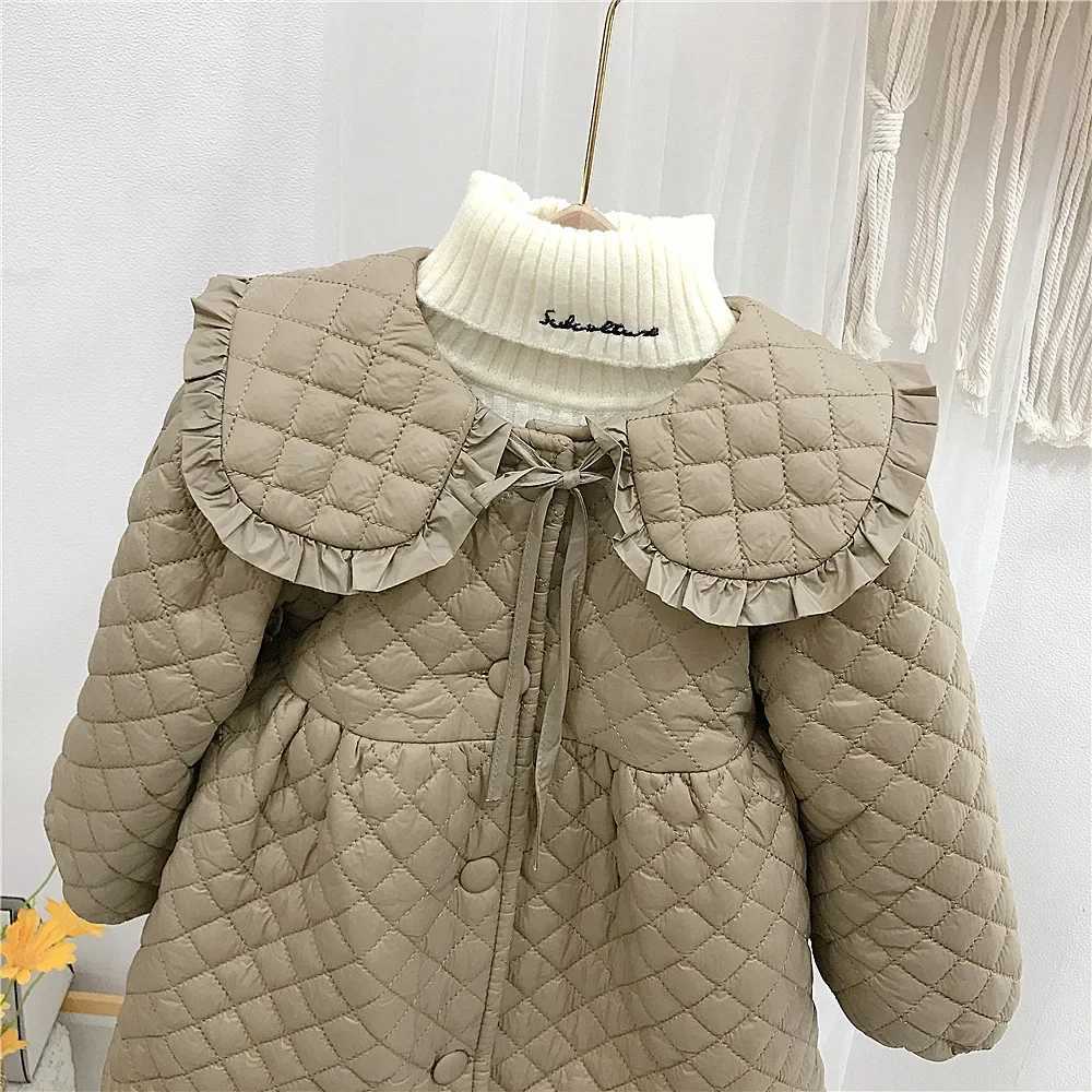 2024 Winter Children Clothing Girls Cotton Coat New Fashionable Winter Korean Style Velvet and Thick Solid Lace Quilted CoatT251016