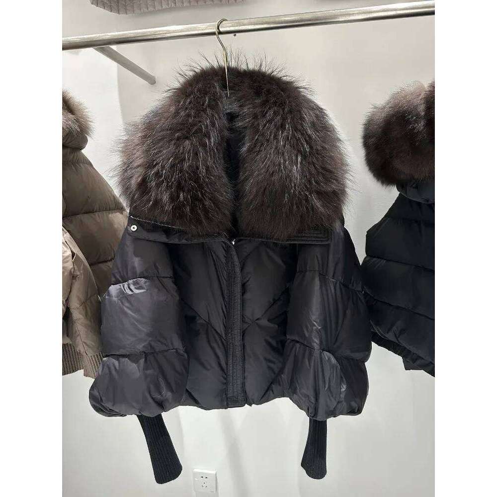 Loose New Fashion Thick Warm Clothes Women Big Real Raccoon Fur Collar Down Coat Female Knit Sleeve Fluffy Puffer Jacket