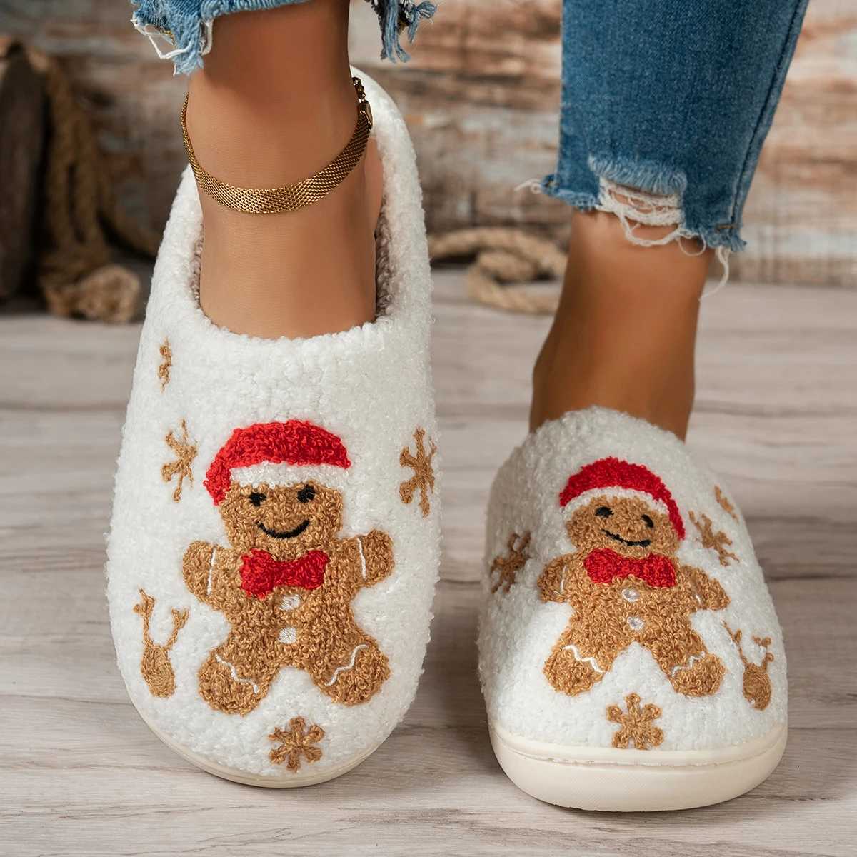 Christmas Winter Indoor Leisure Warm Slippers Embroidery Gingerbread Man Carto Pattern Women Comfy Soft Sole Home Fuzzy ShoesXJ251016