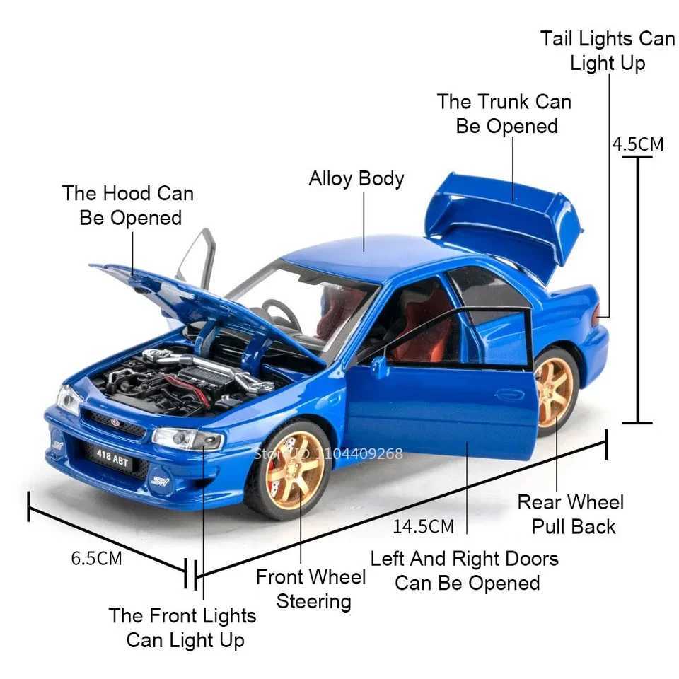 1:32 Scale Subaru Impreza STI Alloy Car Toy Model Doors Opened Shock Absorption Vehicle Models Sound Light Gifts for Children M251016