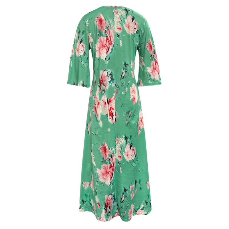 Women's Autumn Elegant Vacation V-Neck 3/4 Sleeve Floral Printed Milk Silk Midi Dress - Green-CF53747