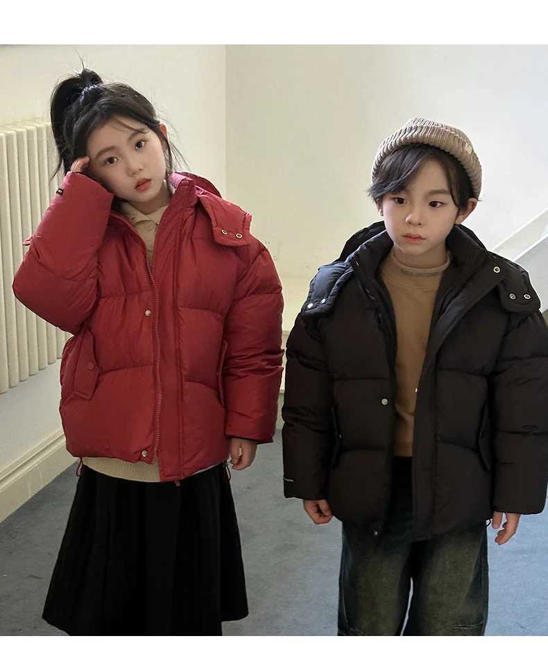 2025 Winter New Down Coats Boys Girls Korean Fashion Solid Color Simple Long Sleeve Thicken Hooded Warm Padded ParkasT251016