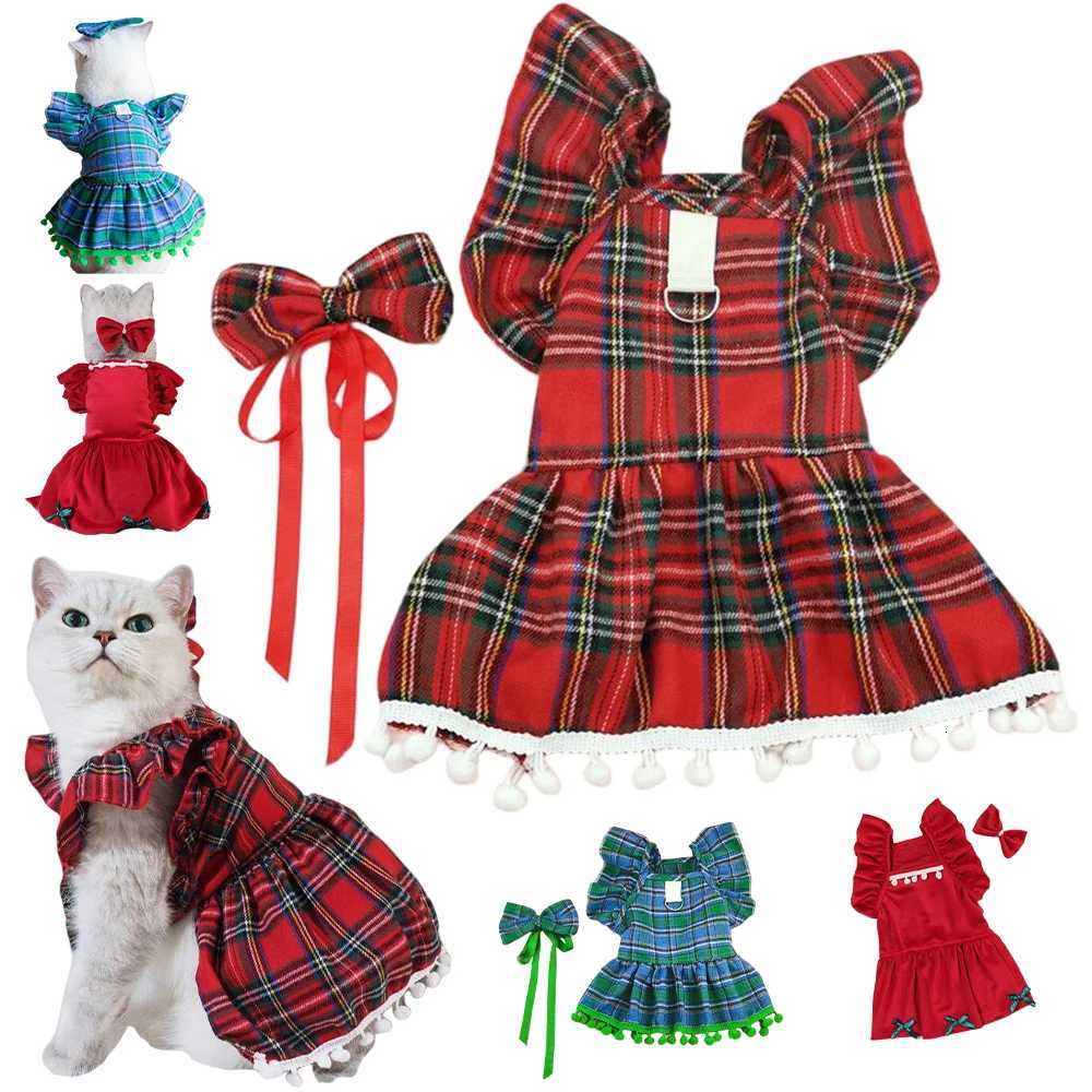 Christmas Pet Dresses Ruffled Sleeves Autumn Winter Clothes For Cats Dogs Red Plaid Elegant Princess Style Dresses HolidayW251016
