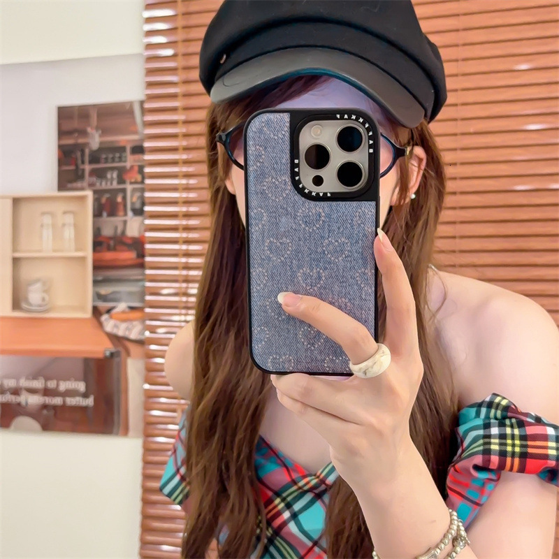 Trendy Black Frame Denim Silver Heart iPhone 17/16 Compatible iPhone15/14/13 Pro Max Phone Case Cover