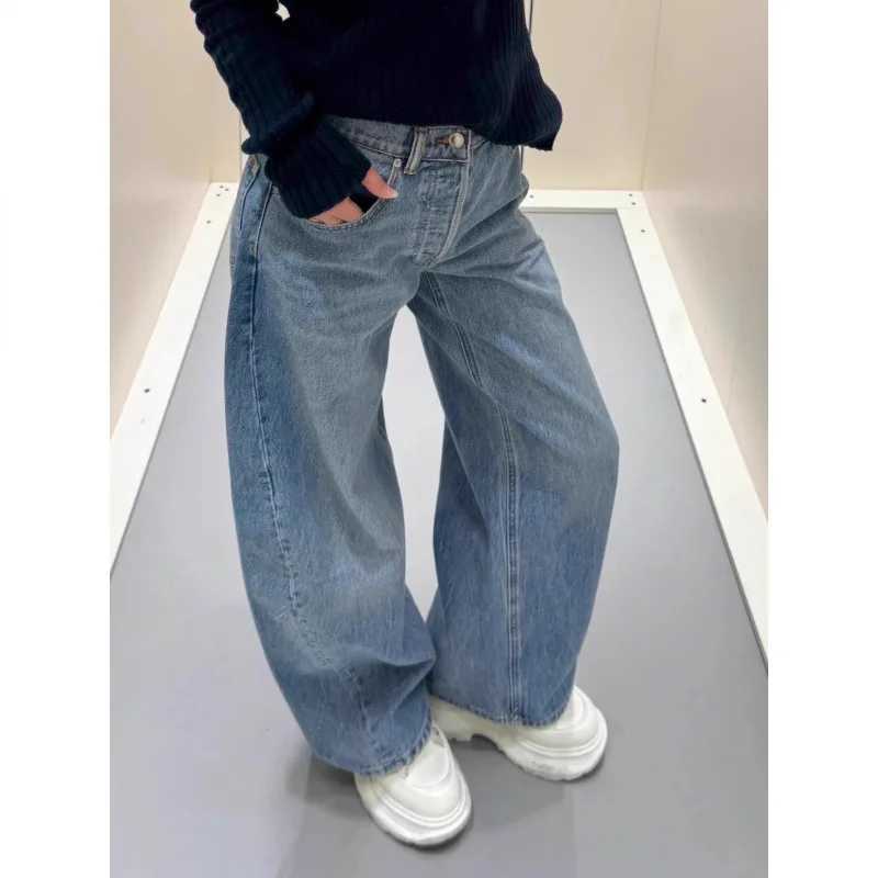 Women Jeans Spliced Straight Pants Jean Denim Washed Full Length Pants Loose Pockets High Waist Zipper Fly Distressed Basics W251015