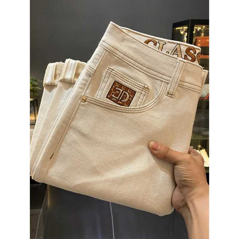 2025 autumn new beige straight leg jeans mens fashionable highend embroidery printed elastic casual long pants J251016