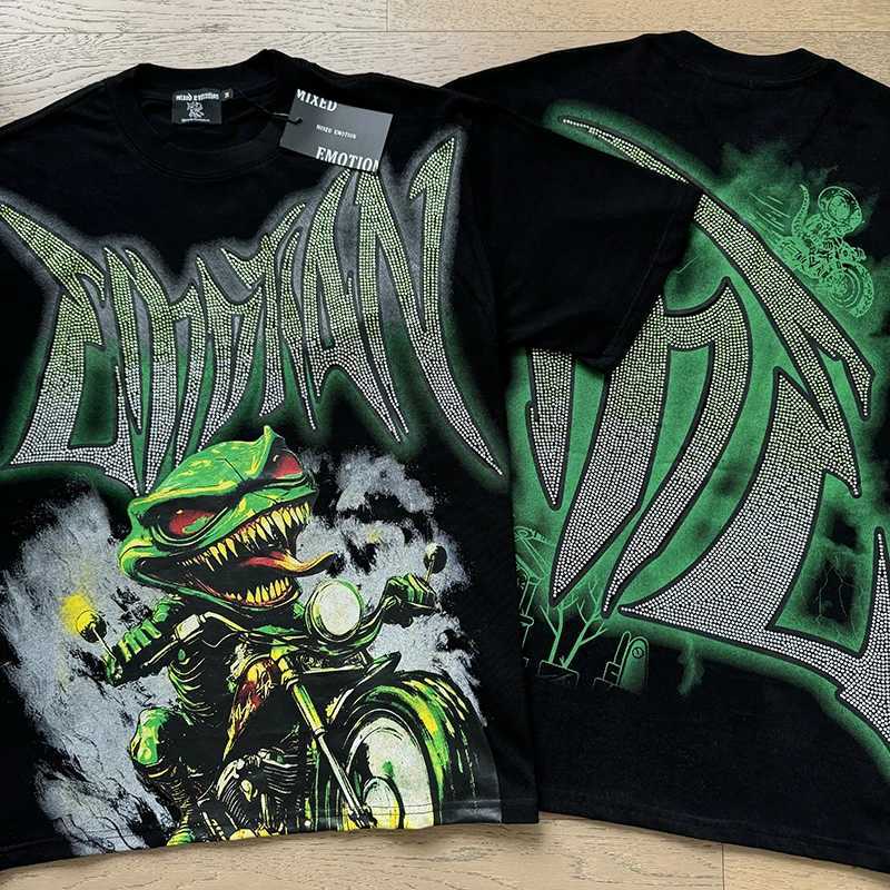 High Strt Grn Monster Motorcycle Print MIXED EMOTION Tshirt Couple Hot Drill Short Slve Top T Real Picture Stock T251016