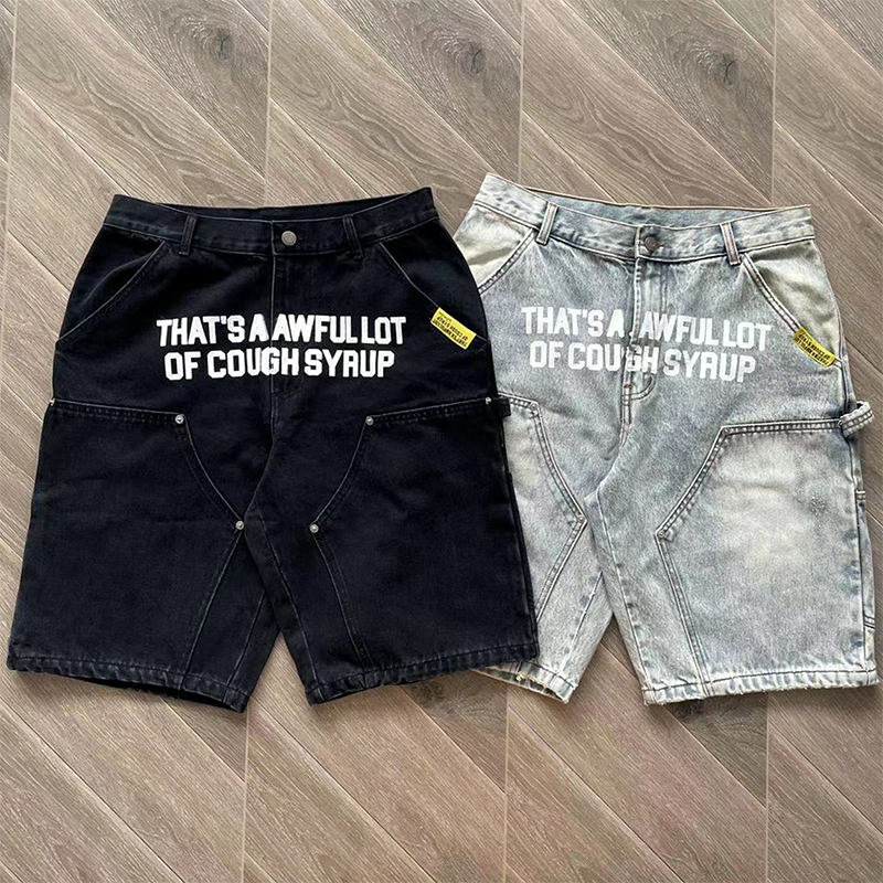 That's A Awful Lot of Cough Syrup Printed Rivet Casual Washed Denim Shorts