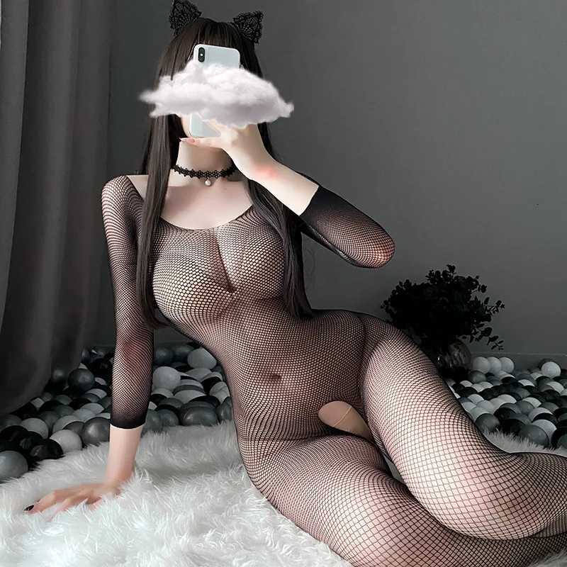 Sexy Hollow Fishnet Teddies Bodysuit Women Erotic Crotchless Lingerie Full Sleeve Bodystockings Mesh Perspective Teddy Bodysuits W251016