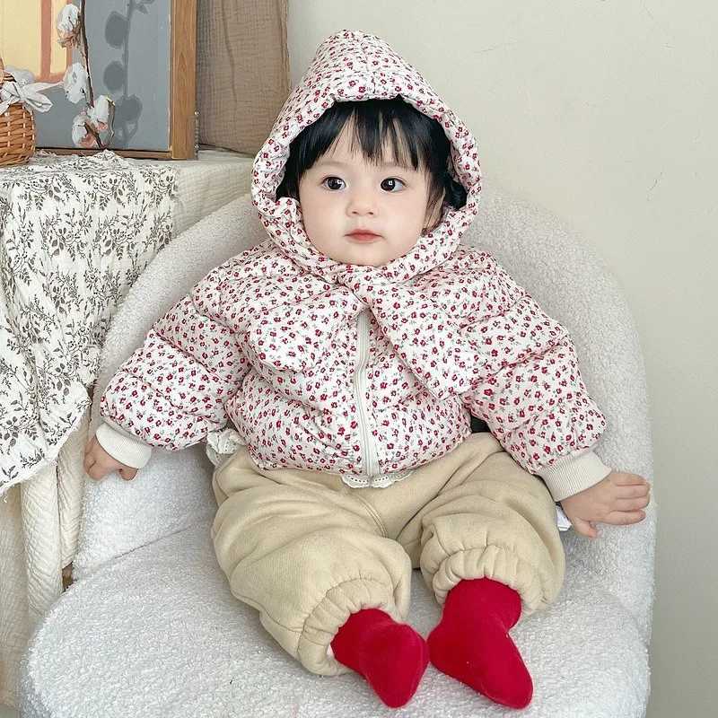 Baby Girls Korean Version Thick Floral Cotton Coat Winter Little Girls Stylish Hooded Scarf Warm Jacket Winter Cotton CoatT251016