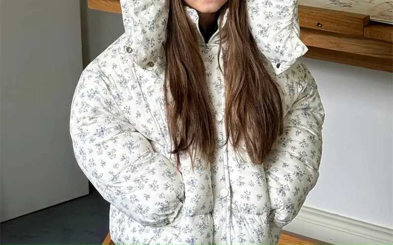 2024 Winter Korean Version Girls Floral Plaid Thick Cotton Coat JacketT251016