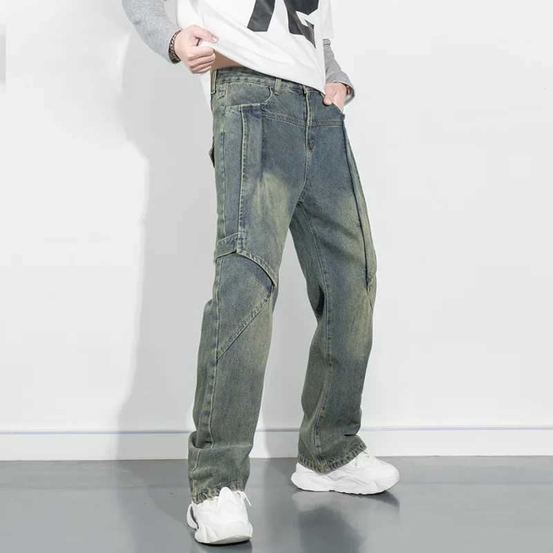 High street retro vintage jeans mens loose straight leg wide leg street fashion Japanese trendy pants J2510161