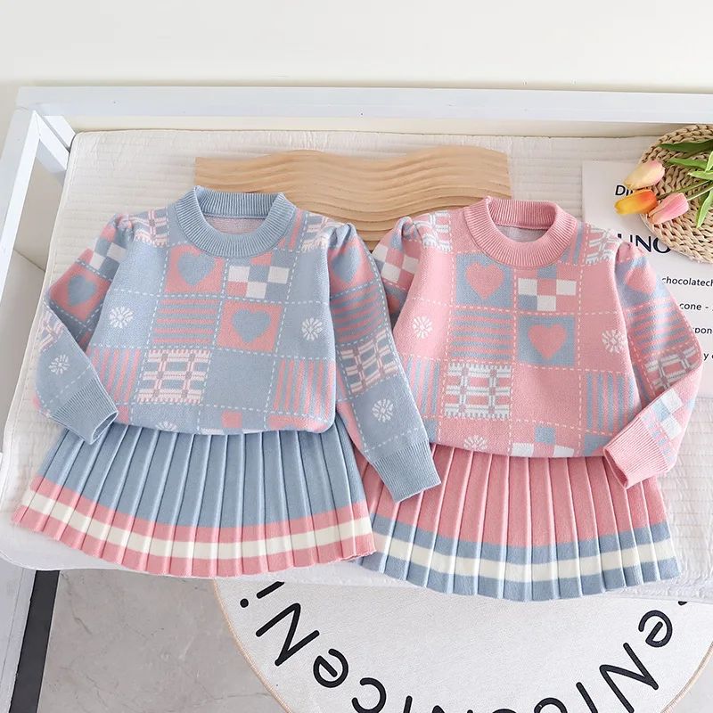 Children's Clothing Sets Geometric Pattern Long Sleeve Sweater + Pleated Skirt Winter Baby Girl Clothes Knitted Sweater Korean