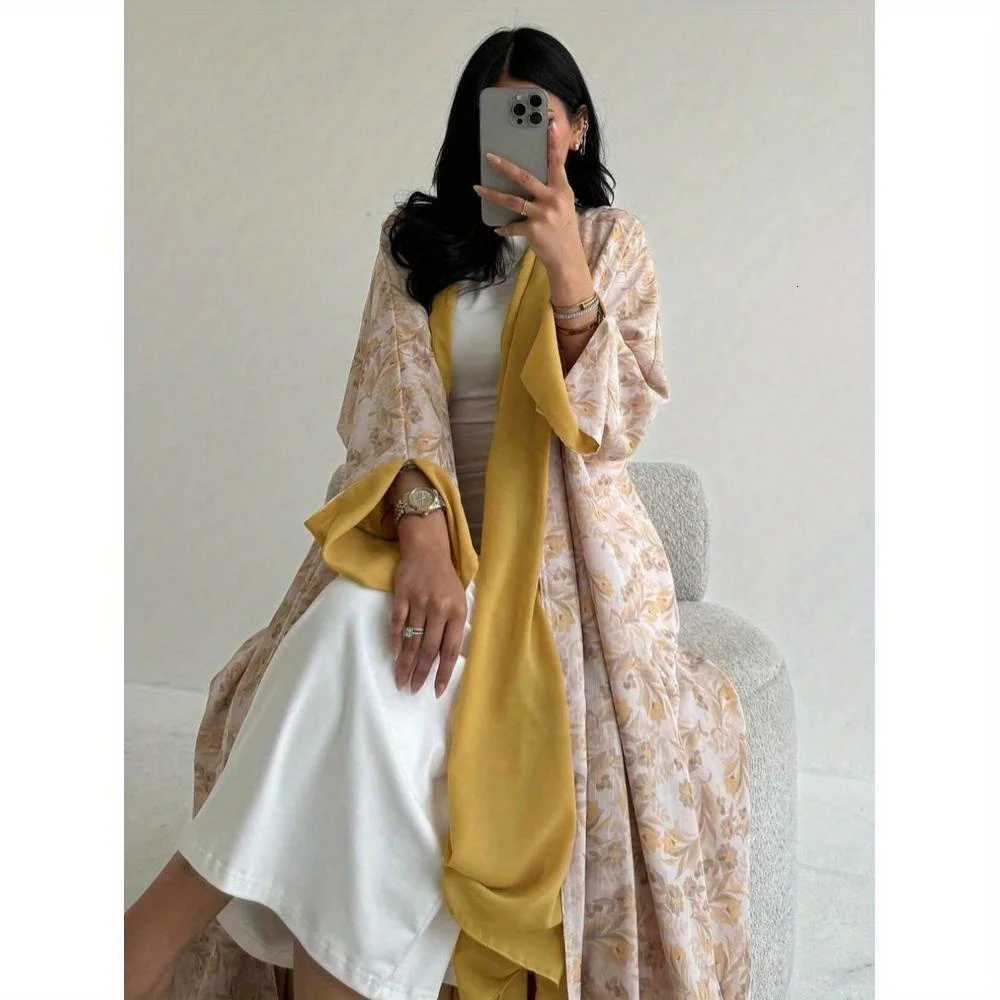 Middle Eastern Printed Floral Open Front Abaya Muslim Full Sleeve Loose Abayas Elegant Kaftan Women Jilbabs Islamic Maxi Dresses X2510161