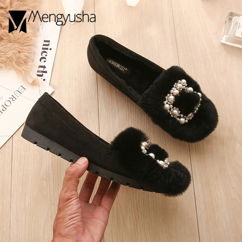 Real Rabbit Fur Shoes Woman Winter Plush Cotton Flats String Beaded Buckle Loafers Ladies Plus Size Moccasins Fleeces Snow Shoes 251013