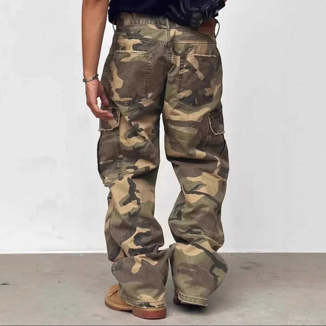 Washed American Street Camouflage Workwear Jeans High Street Style Casual Straight Leg Torn Trendy Long Pants for Men J251016