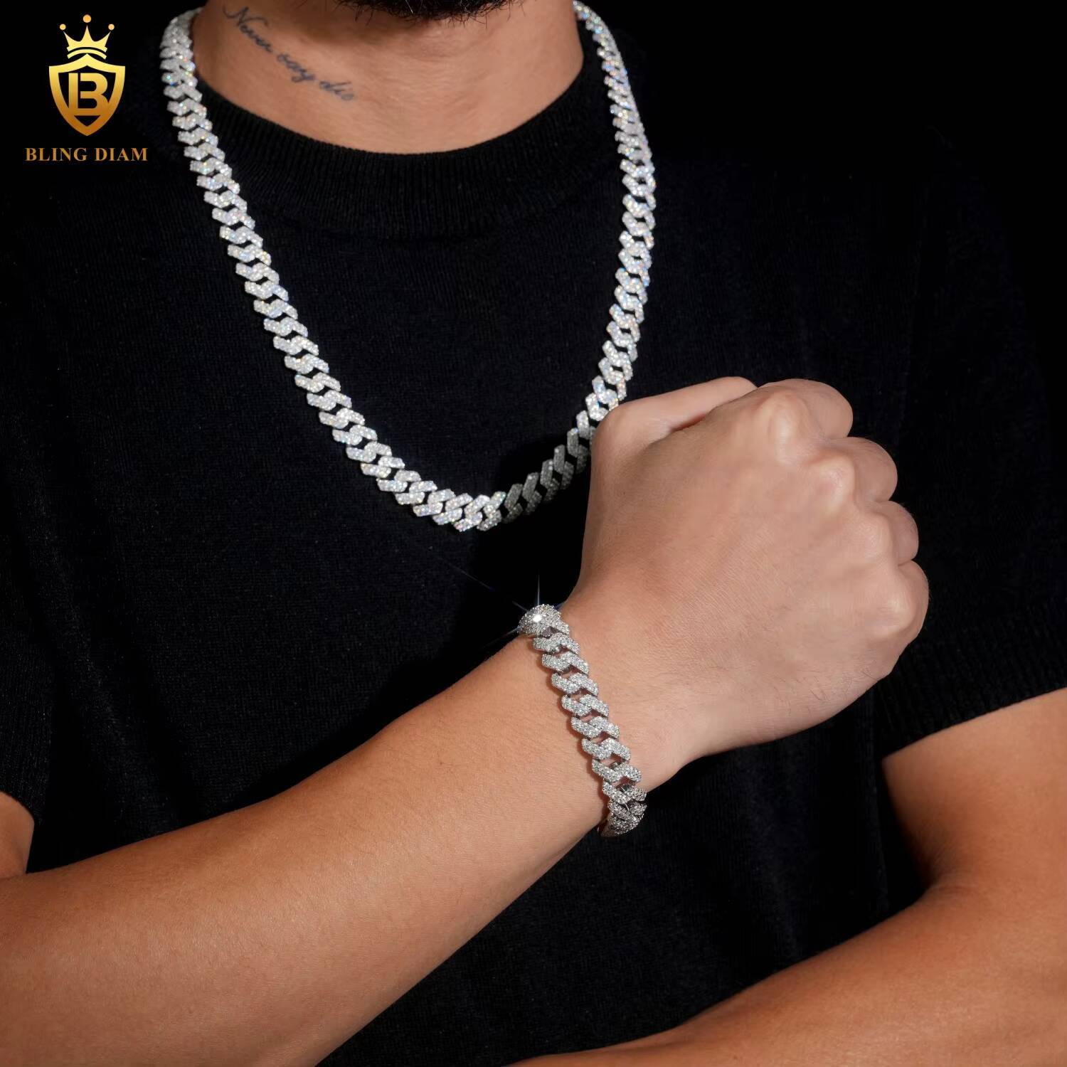New Product Iced Out Moissanite Necklace Cuban Link Chain HipHop 12mm 925 Silver Moissanite Beaded Chain Pass Diamond Tester GRA