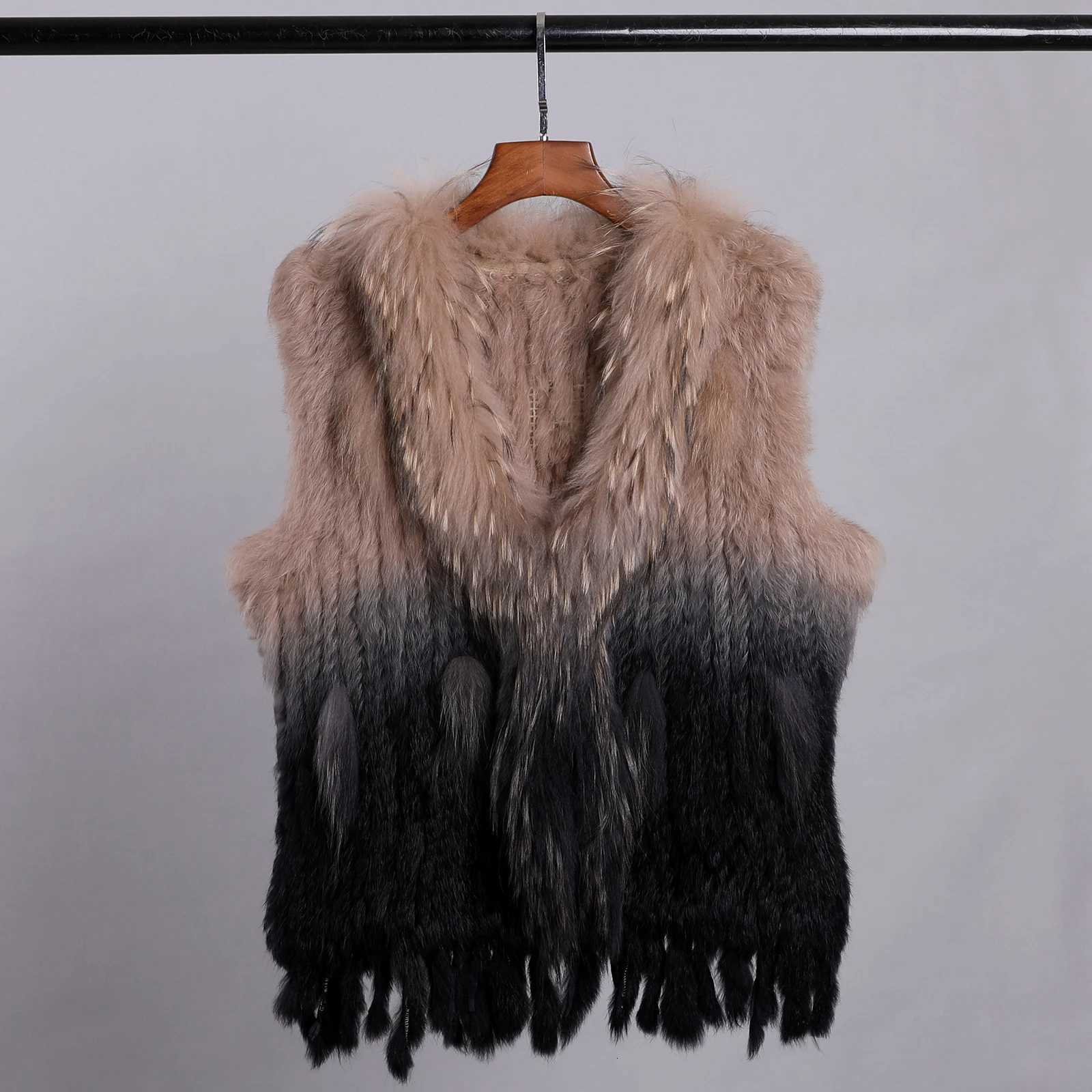 Luxury Womens Genuine Premium Long Hair Rabbit Fur Knit Vest Raccoon Fur Trim Gilet Lady Sleeveless Waistcoat Real Fur Jacket W251016