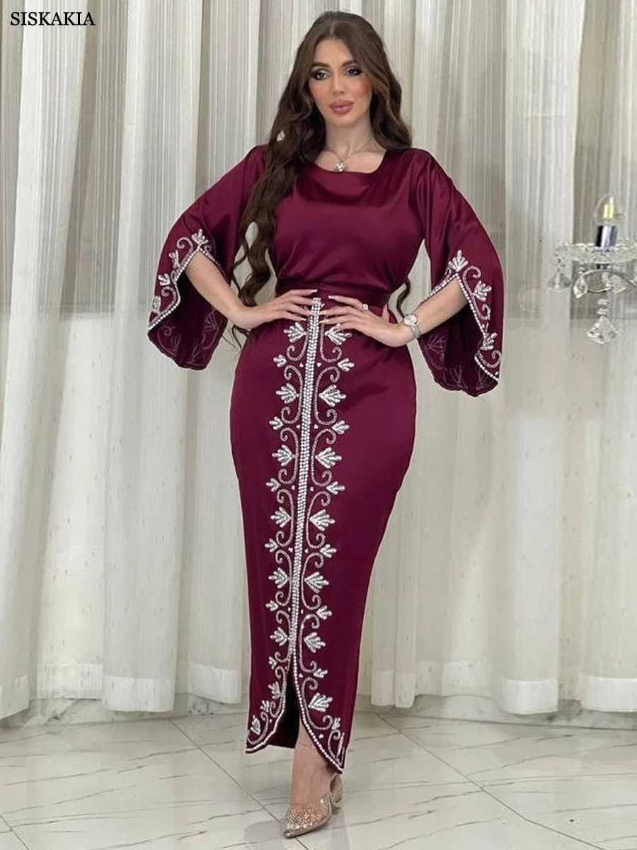 Dresses For Prom Kaftan Dubai Luxury Diamonds Formal Occasion Abaya Elegant Split Sleeve Ladies Long Wrap Dress With Belt X2510161
