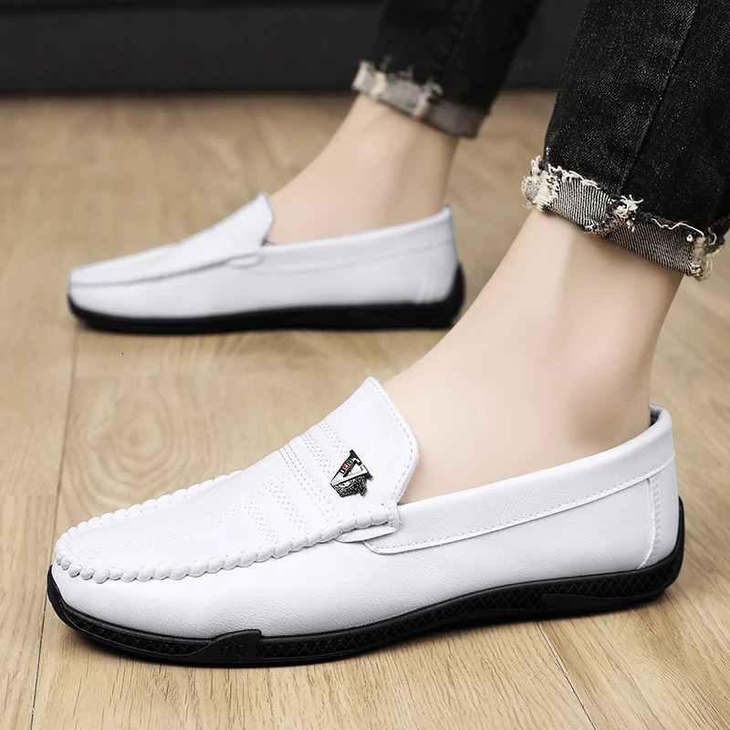 White Black Leather Men Casual Shoes Formal Dress Shoes Men Loafers Breathable Slip on Driving Shoes 251013