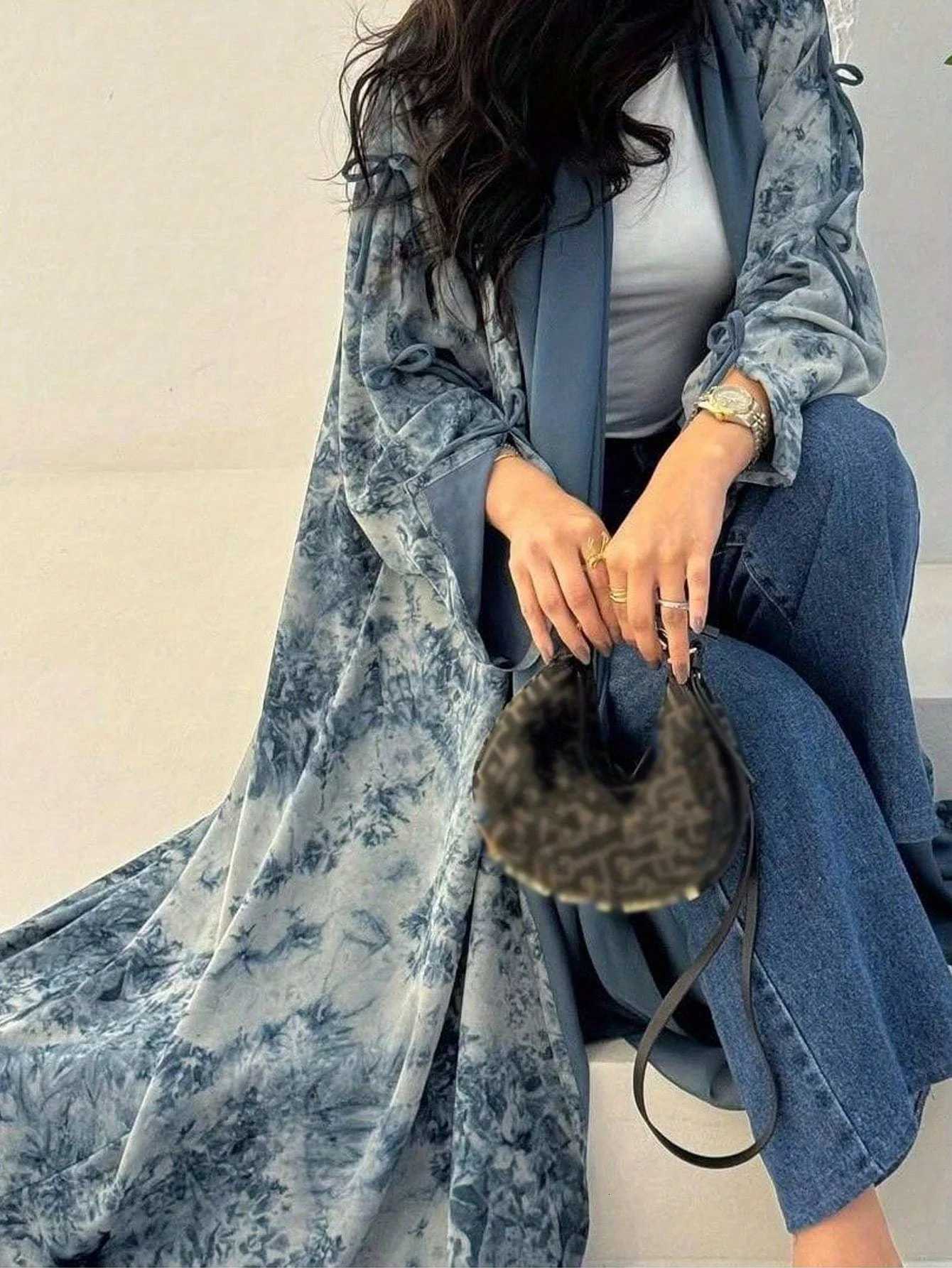 Middle Eastern Women Loose Tie Dye Abayas Casual Kaftan Arabian Maxi Dresses Full Sleeve Open Front Abaya Jilbabs Without Hajib X251016