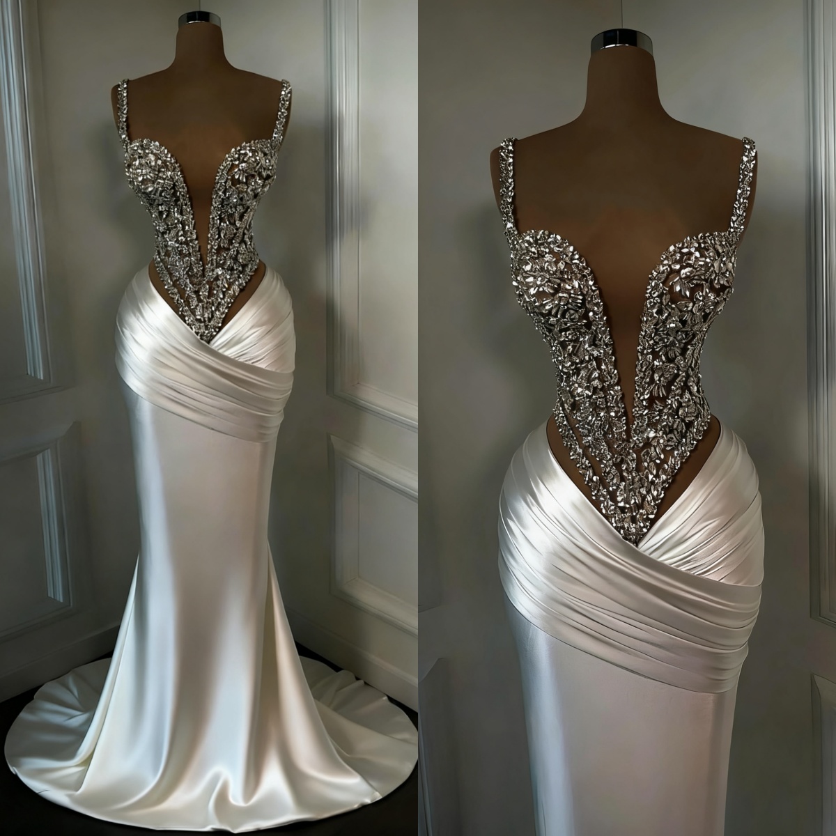 Elegant Spaghetti Straps Evening Dresses Sleeveless Crystal Beaded Mermaid Prom Dress Customized Floor Length Party Gown