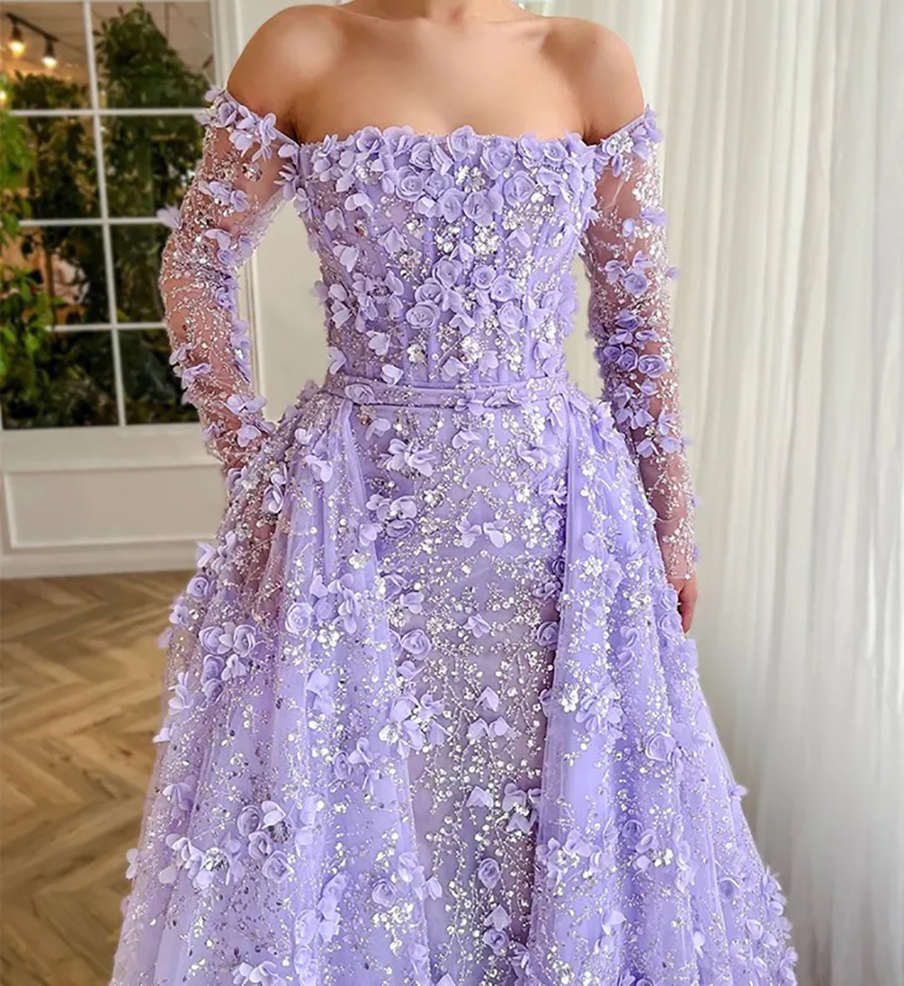 Prom Gown Evening Dresses Mermaid Trumpet Graduation Formal Girls Pageant Long Sleeve Bateau Lavender Light Blue Pink 3D Floral Appliques Sequins Lace