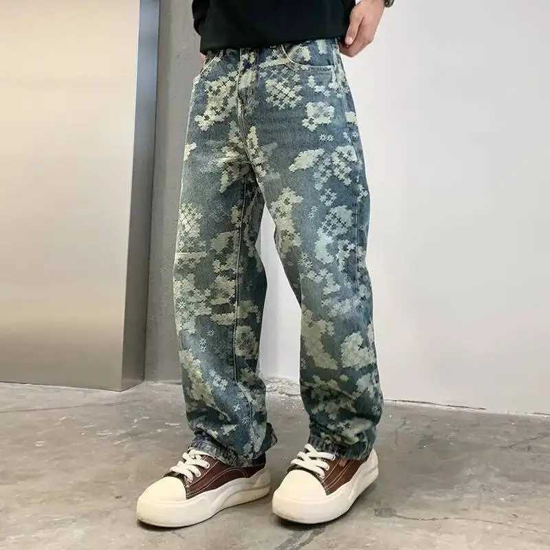 High Street Mens Loose Straight Tube Jeans Pants Autumn Hooligan Handsome Trousers Fashion Jacquard Trendy Casual Denim Pants J251203