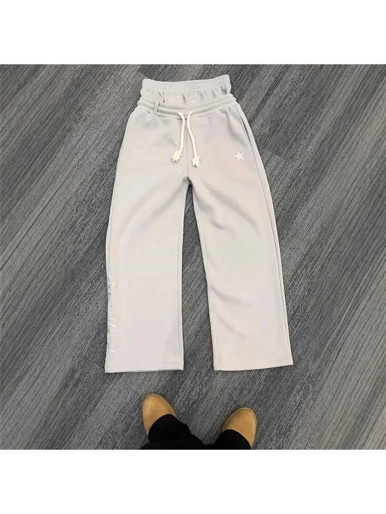 Y2K Harajuku Sweatpants Embroidery Star Double Waisted Loose Solid Color Casual Pants Men Hip Hop Drawstring Waist Jogger J251203