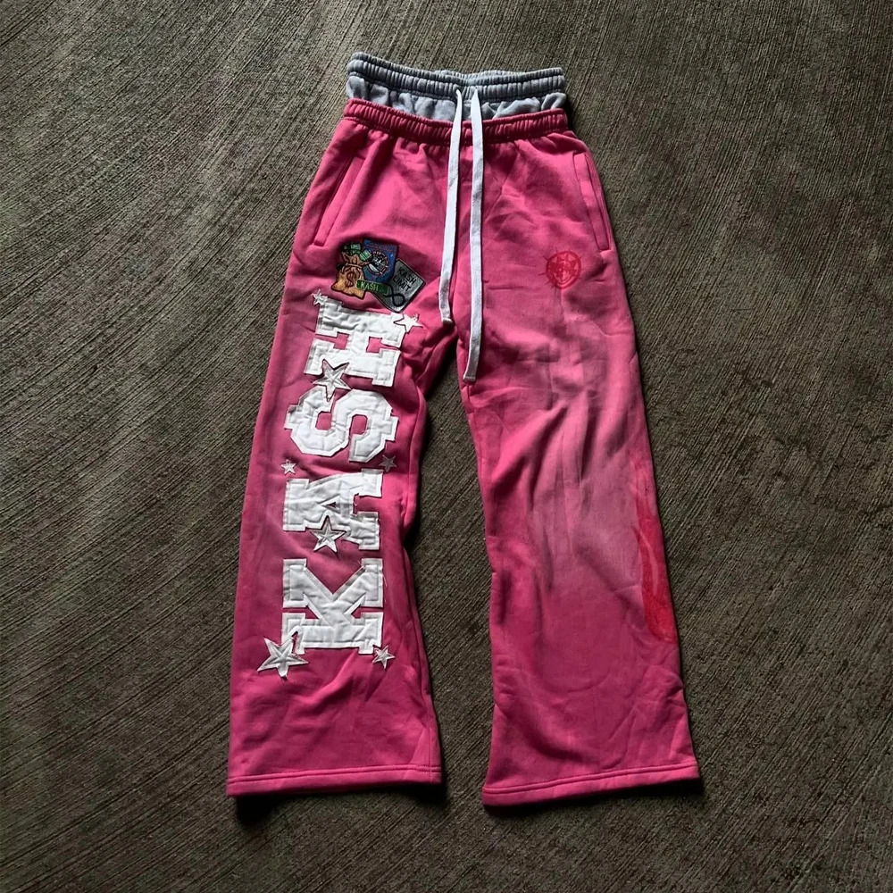 American Sweatpants Y2K Pants Men Gothic Hip Hop Letter Patch Retro Double Layer Baggy Elastic Waist Jogging Casual Pants a251016