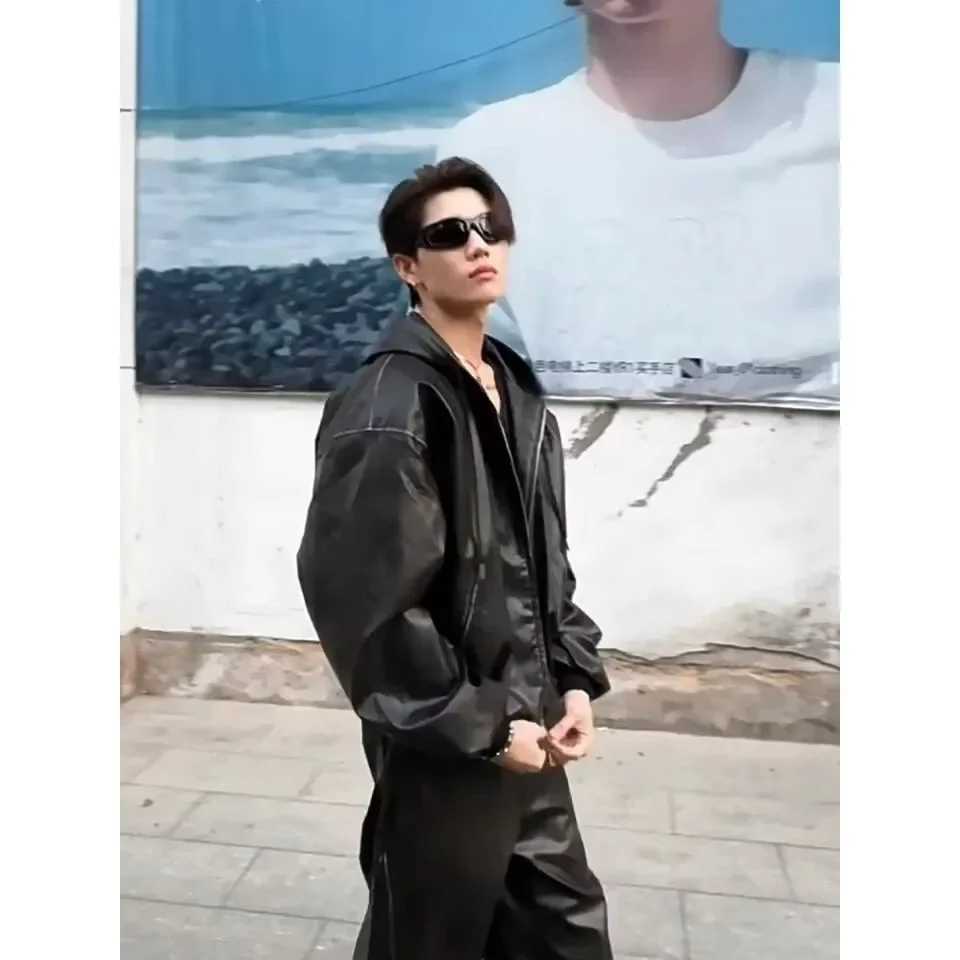 Black Leopard Print Waist Head Color Block Long Pants Straight Leg PU Womens Autumn Winter American Retro Slimming Wide Leg Tro J251203