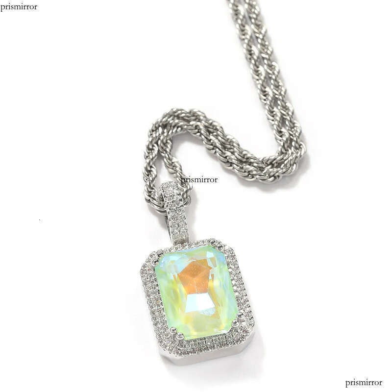 Mens Hip Hop Necklace Jewelry Fashion Fluorescent Square Gem Pendant Red Pink Gemstone Necklaces With 3mm*24inch Twist Chain