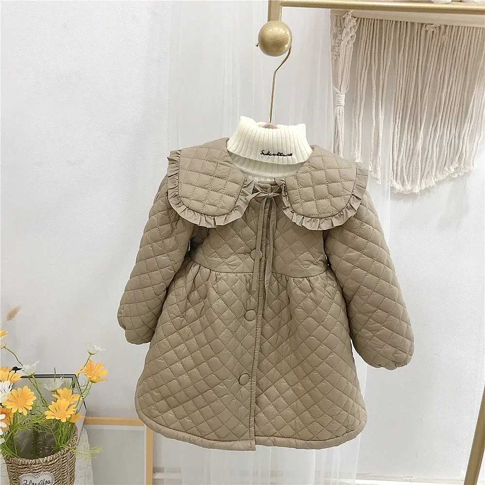 2024 Winter Children Clothing Girls Cotton Coat New Fashionable Winter Korean Style Velvet and Thick Solid Lace Quilted CoatT251016